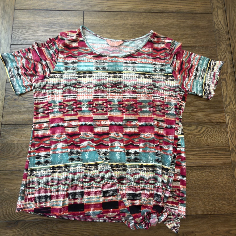 AMANA Womens XL Short Sleeve Side Knot Geometric Abstract Print Top Red Teal